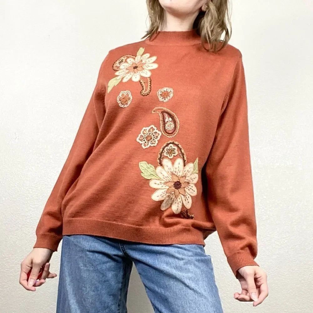 Vintage Orange Paisley Floral Mockneck Sweater